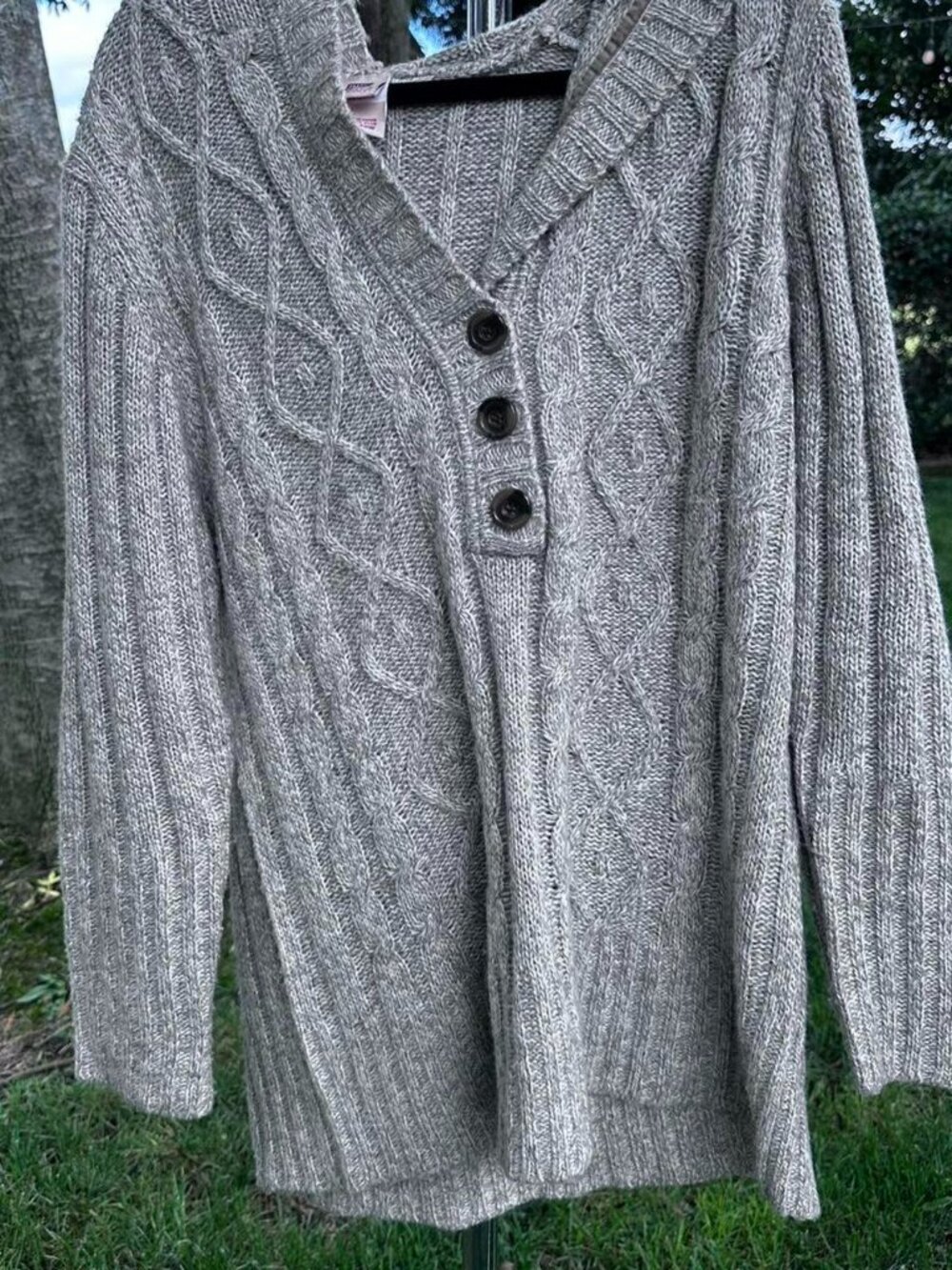 Y2K Faded Glory Brown Cable Knit Sweater With Button and Hood Size 18/20